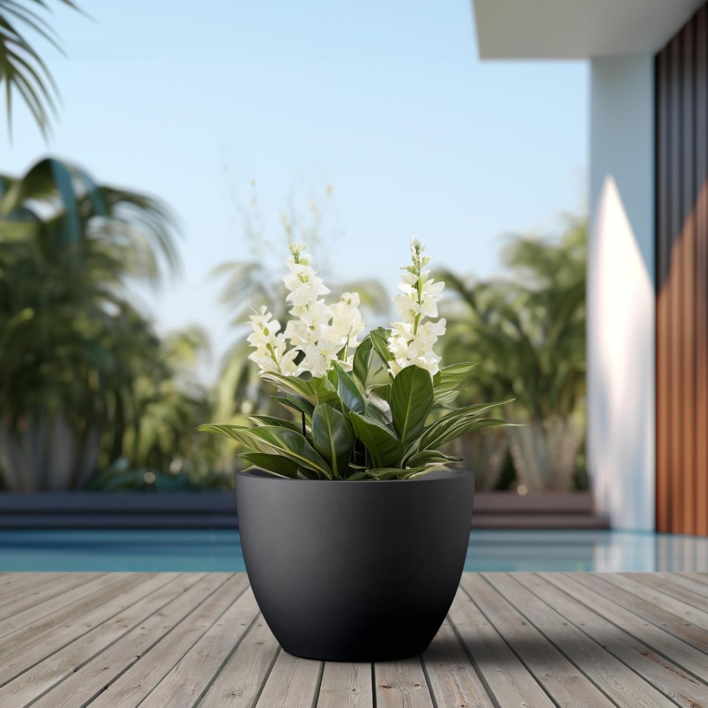 Kante 17.3 Inch Round Concrete Planter - Classic Large Indoor/Outdoor Plant Pot with Drainage Hole and Rubber Plug, Suitable for Gardens and Patios, Black