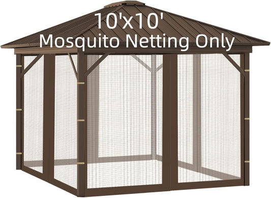Replacement Gazebo Mosquito Netting 10' x 10',Universal Netting for Canopy Tent,4-Panel with Zipper for Outdoor Patio,Backyard (Mosquito Net Only,Brown)