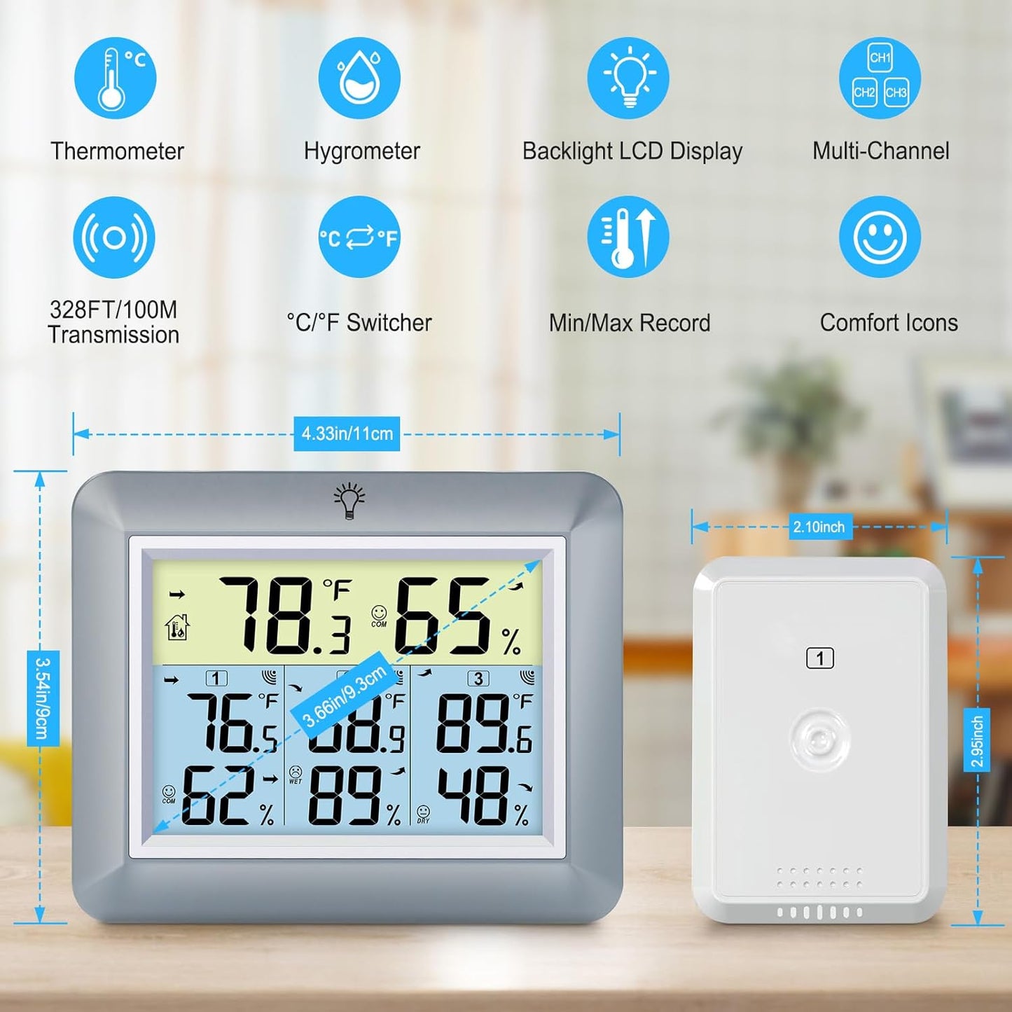 Urageuxy Weather Station Wireless Indoor Outdoor Thermometer with 3 Sensors, Remote Temperature Monitor with Humidity for Home, Baby Nursery, Room, Attic, Patio, Grey