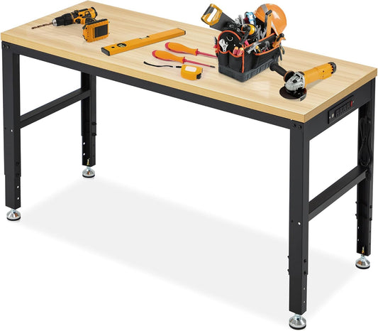 60” Adjustable Workbench，Heavy Duty Wood Work Bench 2000 Lbs Load Capacity,Work Table with Power Outlet for Garage, Workshop, Office, Home