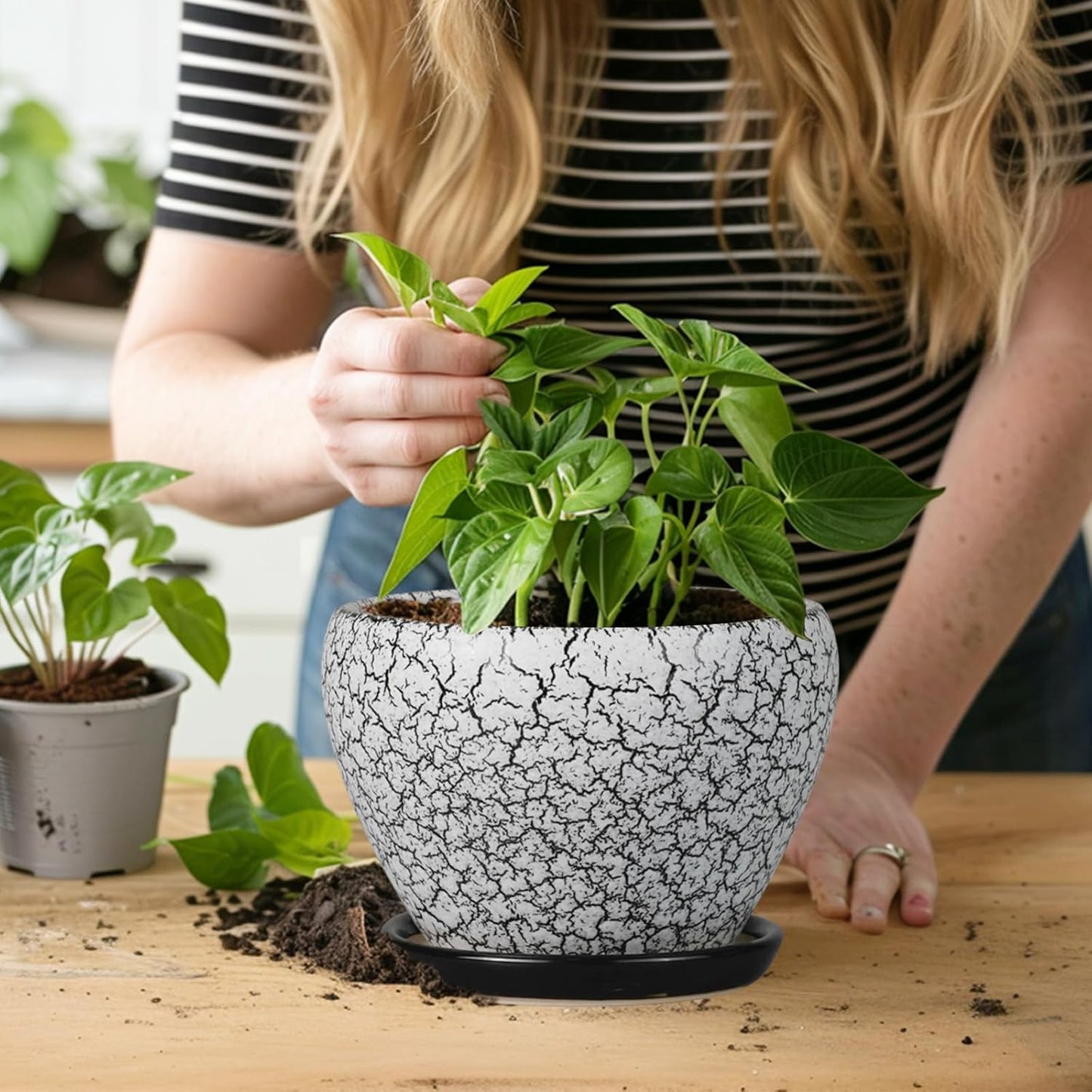 Ceramic Planter Pot - 6 Inch Plant Pot with Drainage Hole and Saucer, Succulent Pot Glaze Round for Indoor Outdoor Plants, White and Black