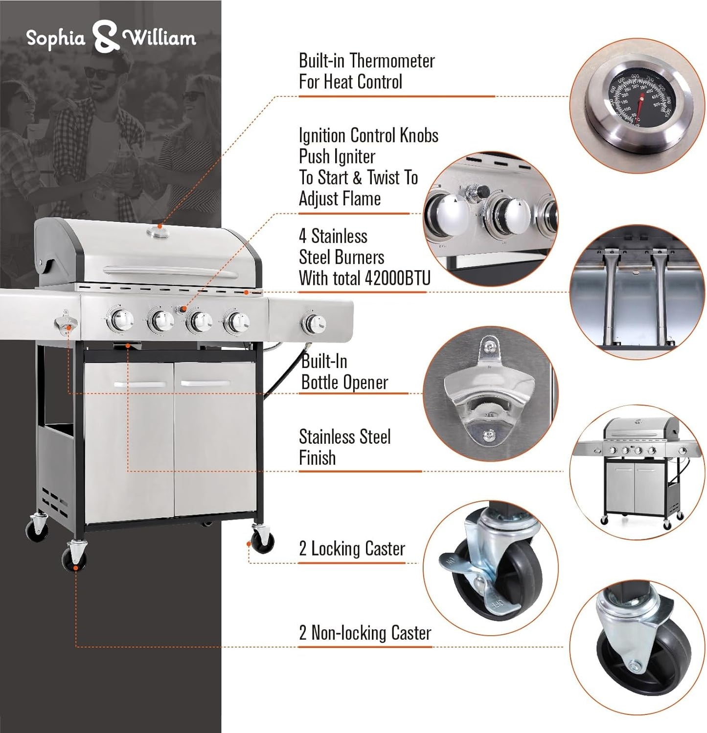 Sophia & William 4-Burner Propane Gas BBQ Grill with Side Burner and Porcelain-Enameled Cast Iron Grates, Stainless Steel Barbecue Grills Outdoor Cooking, Silver Cabinet Style, 42,000BTU