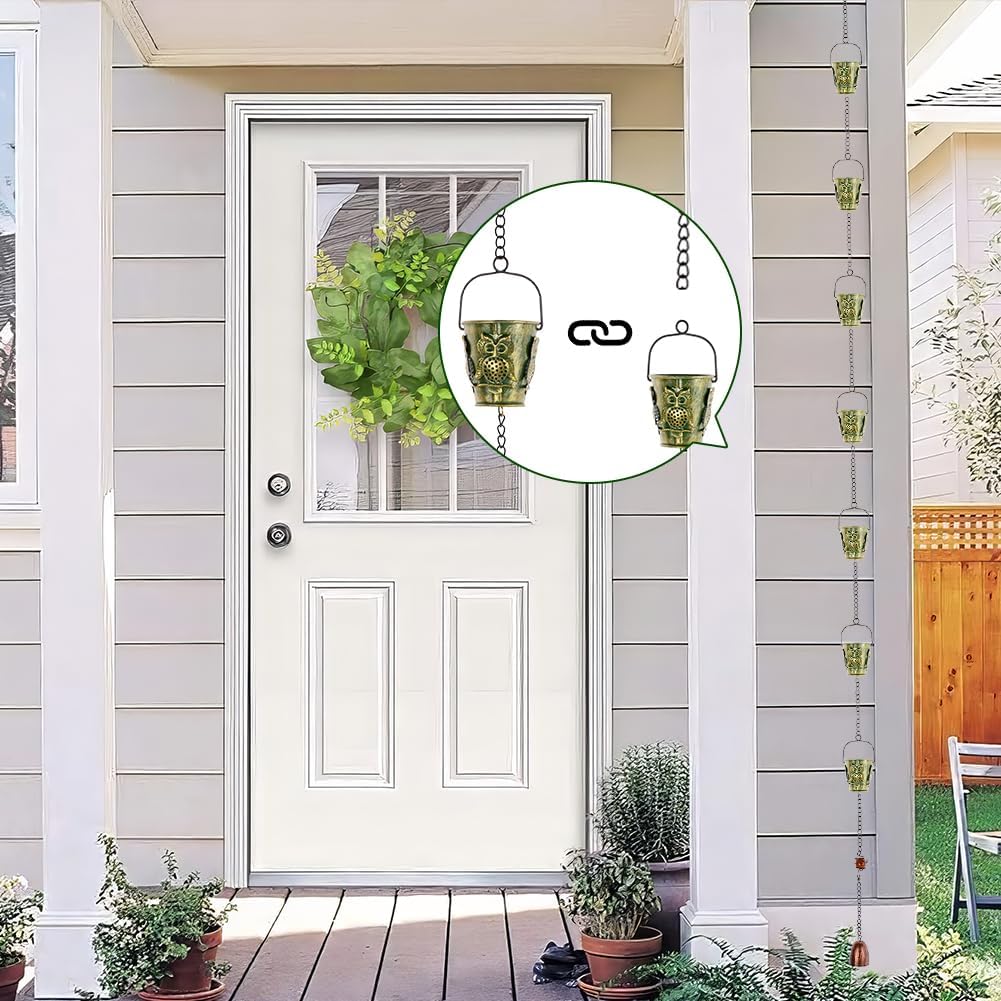 10Ft Rain Chains for Gutters, Metal Rain Catcher Chain for Eaves Drainage, 12 Cups Rain Gutter Chains with Owl Decor, Adjustable Rain Water Chain for Outdoor Decor