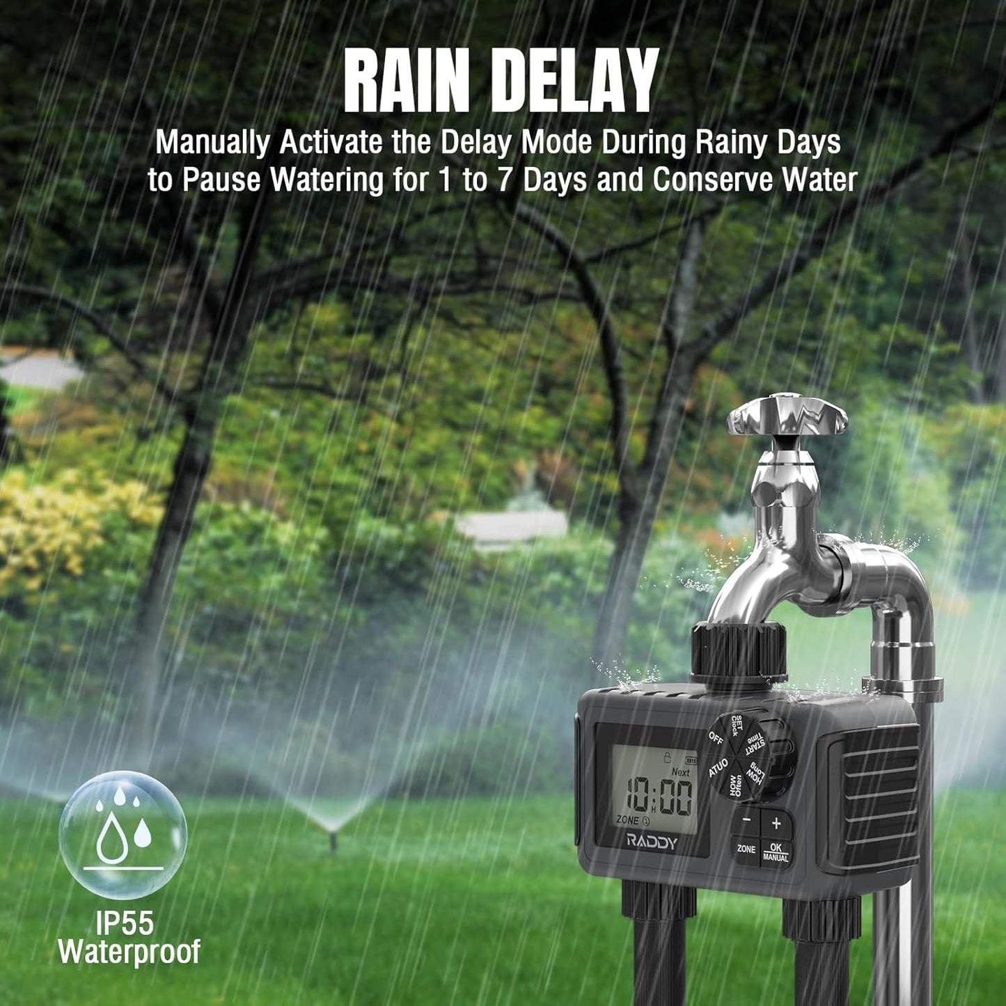 Raddy WS-5 Sprinkler Timer 2 Zone, Programmable Water Hose Timer 2 Outlet for Garden, Outdoor Automatic Irrigation System IP55 Waterproof with Rain Delay/Manual for Lawn, Yard, Pool