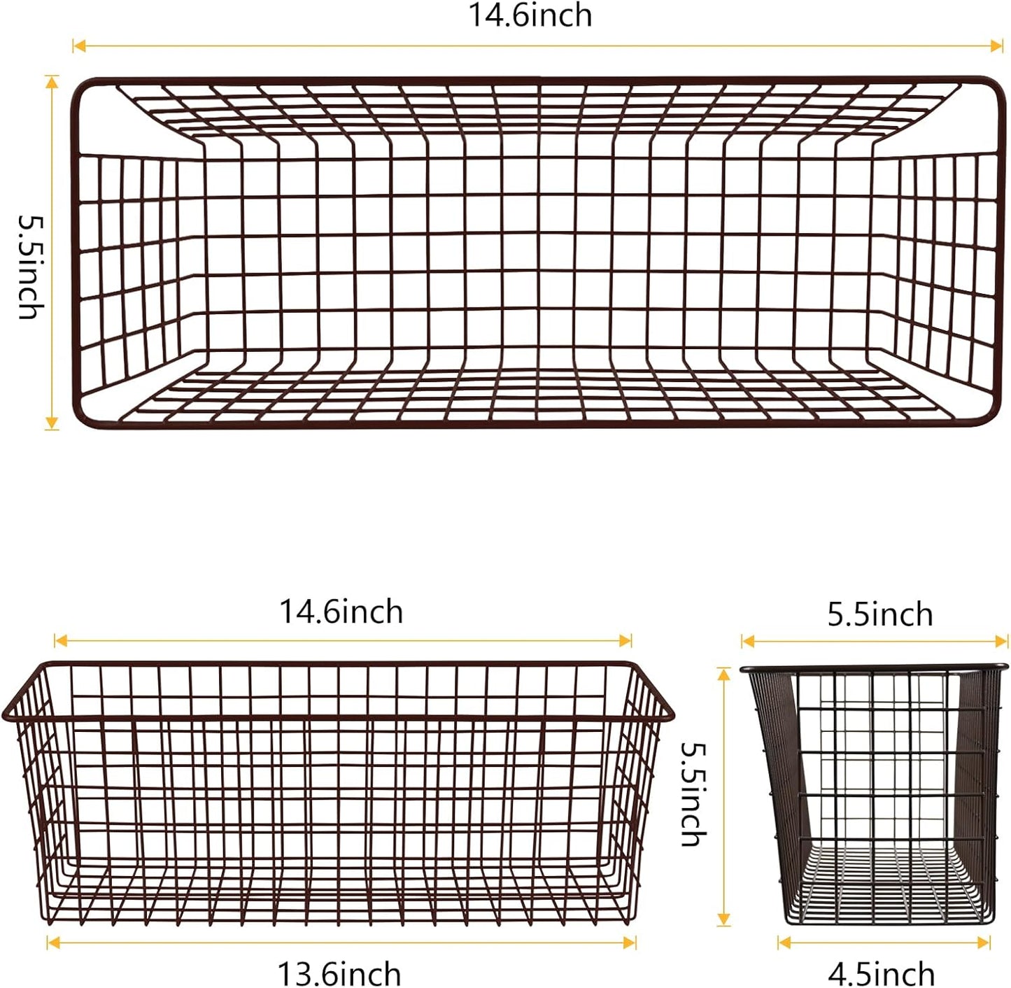 2 Sets Extra Large Hanging Wall Basket, Brown Metal Wire Baskets with Steel Hooks for Organizing, WallmountedFruit Vegetable Toy Snack Storage, Home Kitchen Bathroom Laundry Pantry Organizer