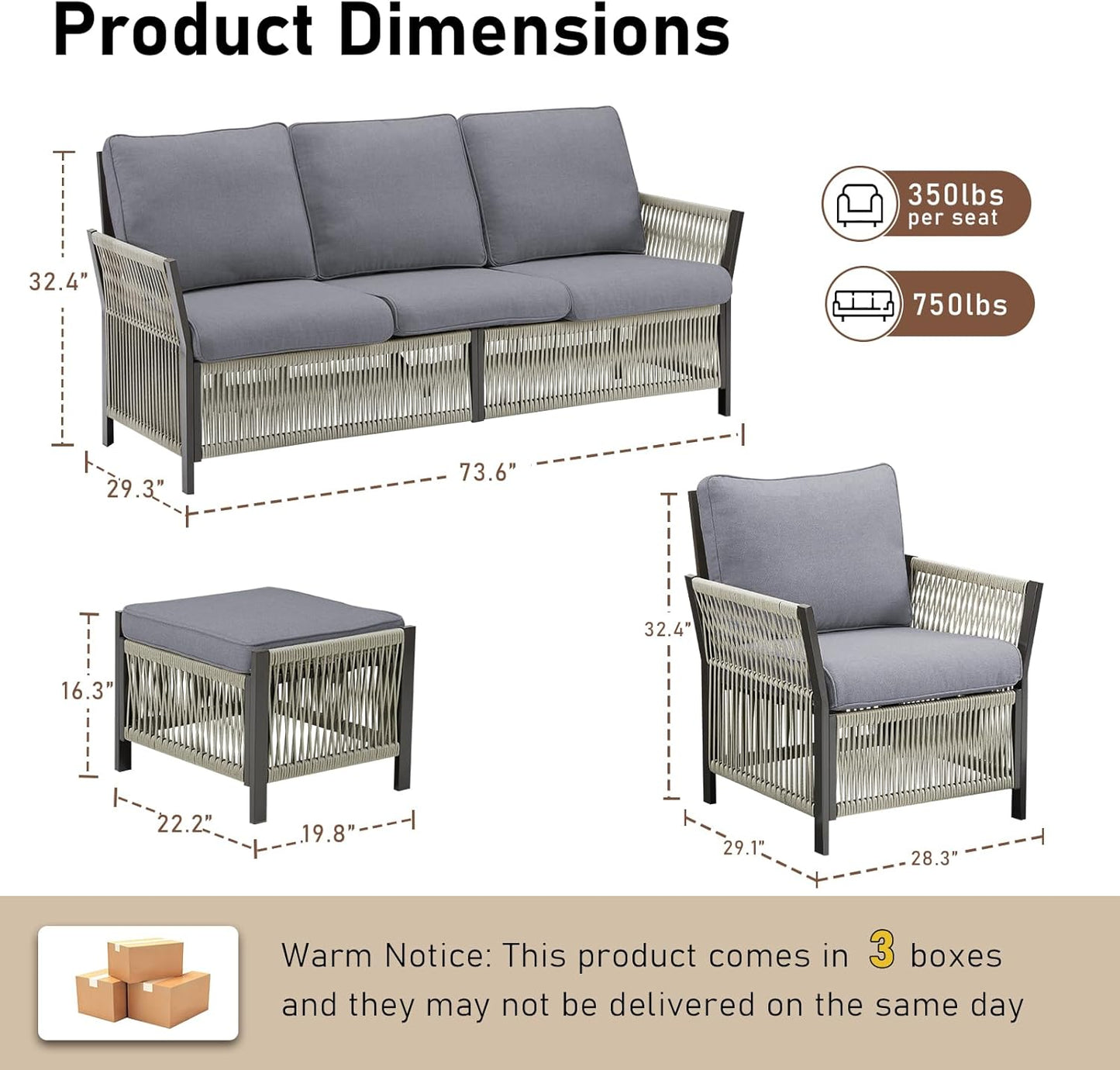 Patio Furniture Set Outdoor Conversation Sofa Set, 5-Piece All Weather PE Rattan Wicker High Back Outside Couch with Ottoman for Porch, Deck, Poolside - Dark Grey