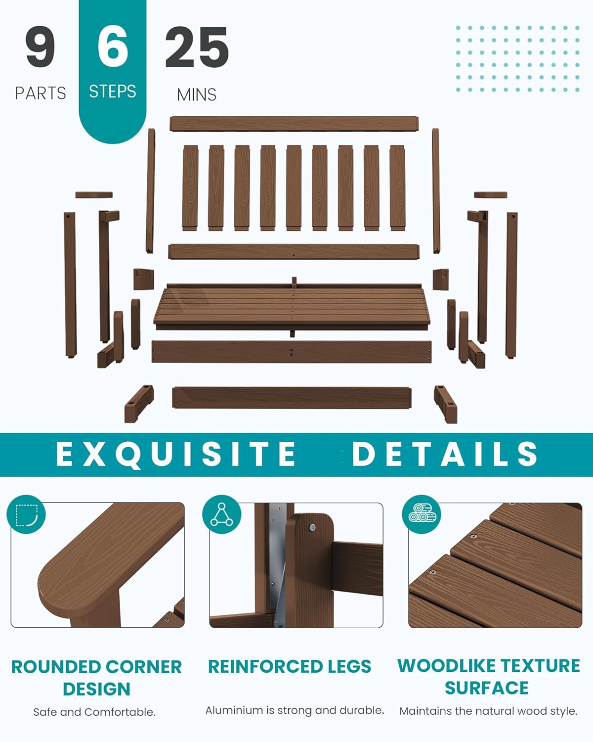 SERWALL 2 Person Patio Glider Rocking Chair, HDPE Material Weather-Resistant Swinging Bench for Outdoor Porch Garden, Brown