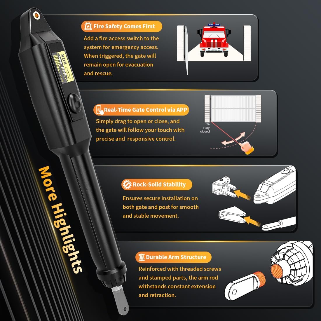 TOPENS XD851 Smart Gate Opener for Heavy Duty Single Swing Gates Up to 18ft, Automatic Gate Opener with App Control AC Powered Remote Control Kit Solar Compatible