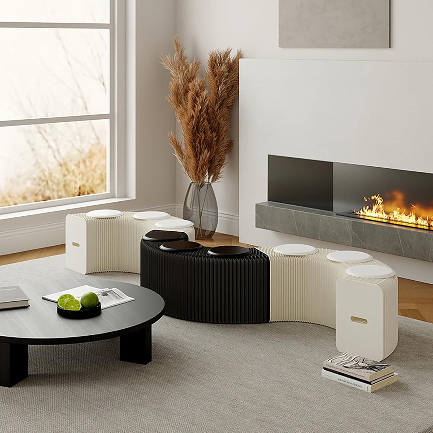 Foldable Kraft Paper Stool, Honeycomb Accordion Folding Bench, Collapsible Paper Stool for Small Spaces, Portable Footrest and Side Table for Living Room and Office,Black White-44×31×600cm