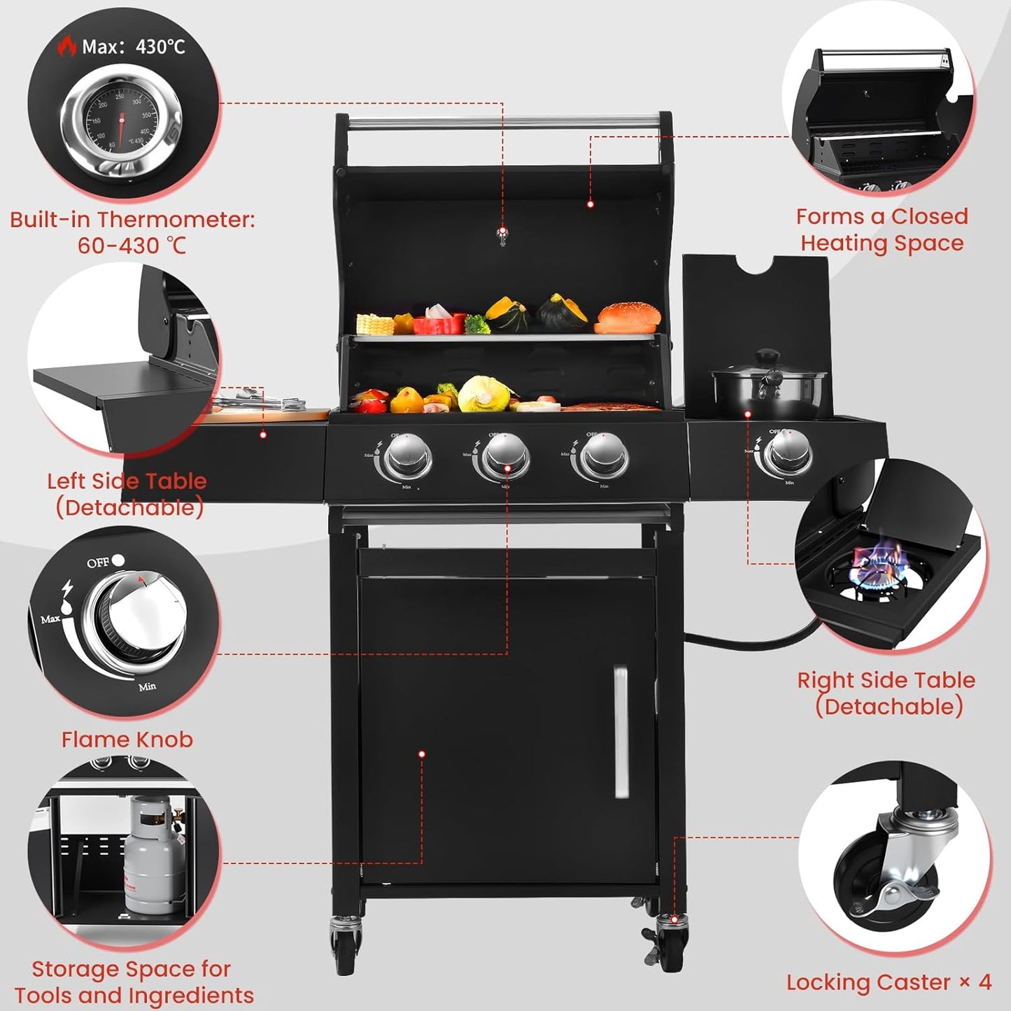 Q042-3-Burner w/Side Burner Gas Grill with 241 SQ.IN. Outdoor Grill with 36,000 BTU,Propane Grills with Top Cover Lid,Grills Outdoor Cooking for Patios,Balcony,Camping,Garden