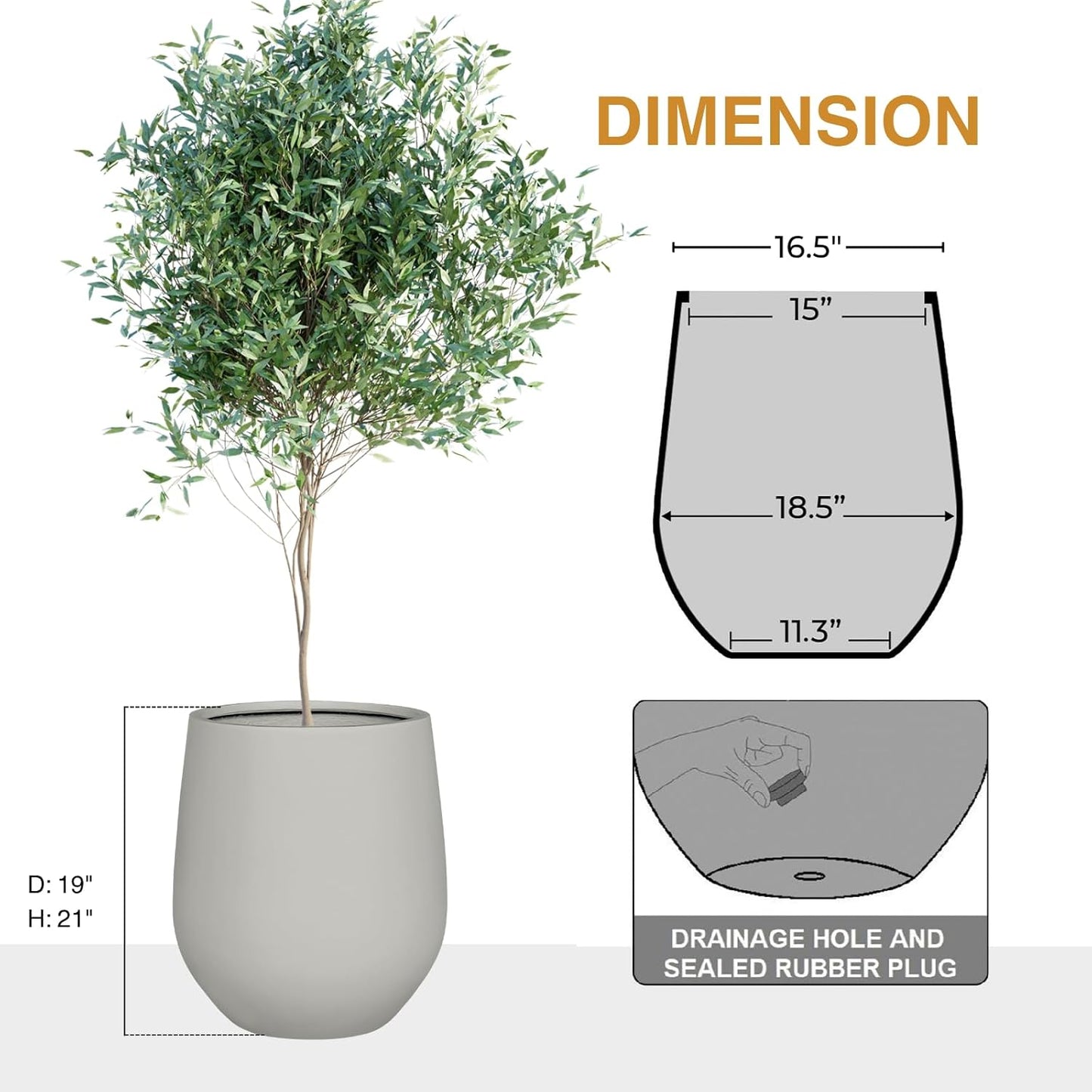 21" H x 19" D Corso Fiberstone Round Tapered Planter with Drainage Hole, Smooth Finishes, Weather Resistant for Indoor and Outdoor Use (Light French Gray, 15" Pot Opening)