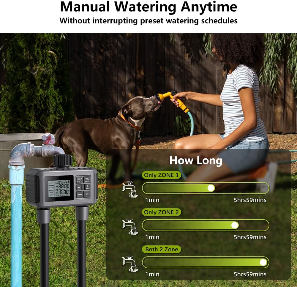 Uzoli SGW07 Sprinkler Timer, Programmable Water Timer for Garden Hose with 2 Outlets, Rain Delay, Manual, IP55 Waterproof Auto Drip Irrigation for Yard, Lawn, Pool