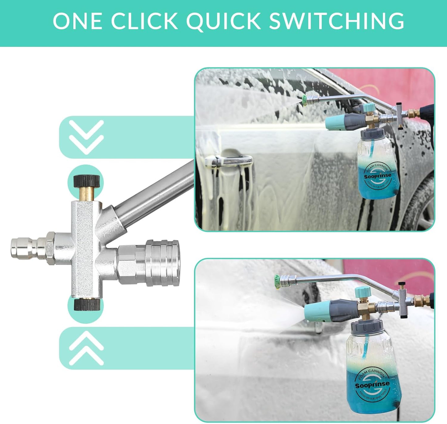 Sooprinse Pressure Washer Foam Cannon with Dual Connector Accessory, Power Washer Soap Cannon with Double Tip Attachment, 5 Power Washer Nozzle Tips, 1/4" Quick Connect, 4000 PSI