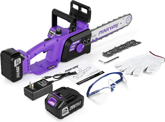 Brushless 12-Inch Electric Chainsaw Cordless，20V Battery Power Chain Saw with 4.0Ah Battery and Charger, Mini Chainsaw Cordless Portable Compact Saw Handheld for Wood Cutting，Purple