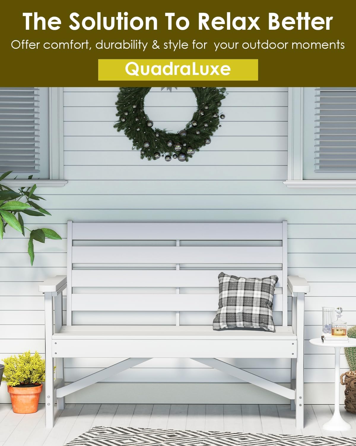 GREENVINES Outdoor Bench | HDPE | Garden Benches | All Weather | for Outdoors Patio Park Porch Outside Backyard | 2-Person | White