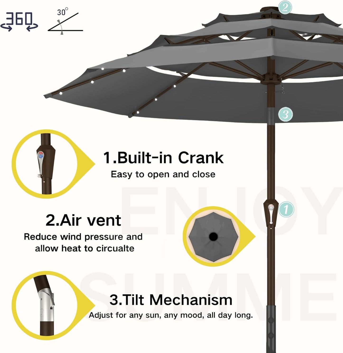 Kingdura 9ft 3-Tier Patio Umbrella with Solar Lights, Table Umbrella Outdoor Patio with Easy Crank & Tilt, 8 Sturdy Ribs, UV Protection, 32 LED Lights for Deck, Poolside, Market (Grey)