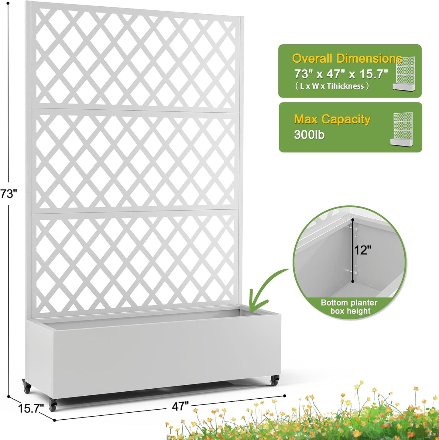 FENCY Metal Planter Box with Diamond Lattice Trellis Planter Box for Climbing Plants/Vines, Galvanized Raised Garden Bed On Wheels, Garden Bed with Trellis(73"x47" White)
