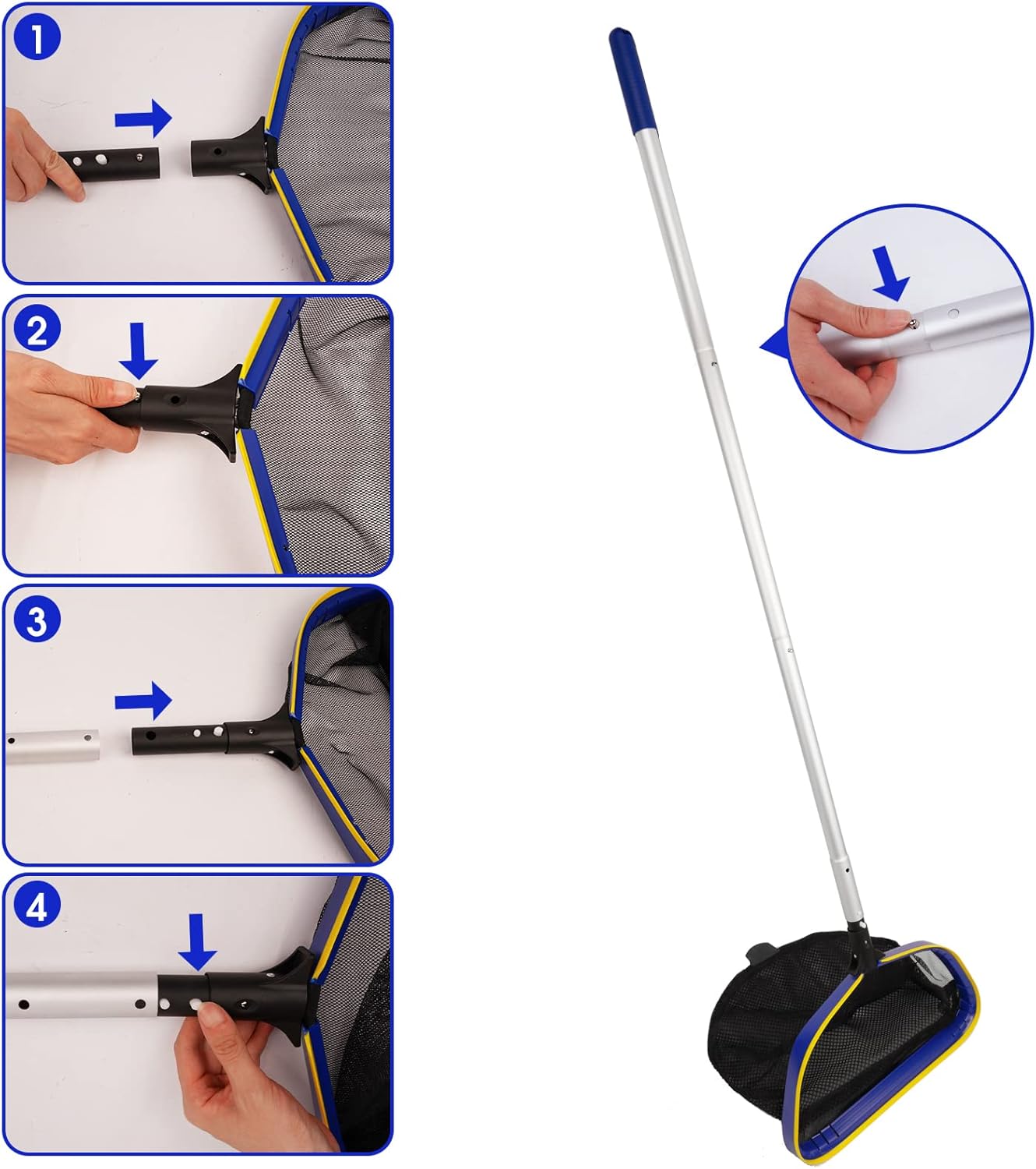 Poolvio Pool Deep Skimmer Net with 3ft - 10ft 1.0mm Thick Adjustable Aluminum Pole & Fine Mesh Bag Leaf Skimmer Rake Net for Above Ground & Inground Swimming Pools, Removes All Debris