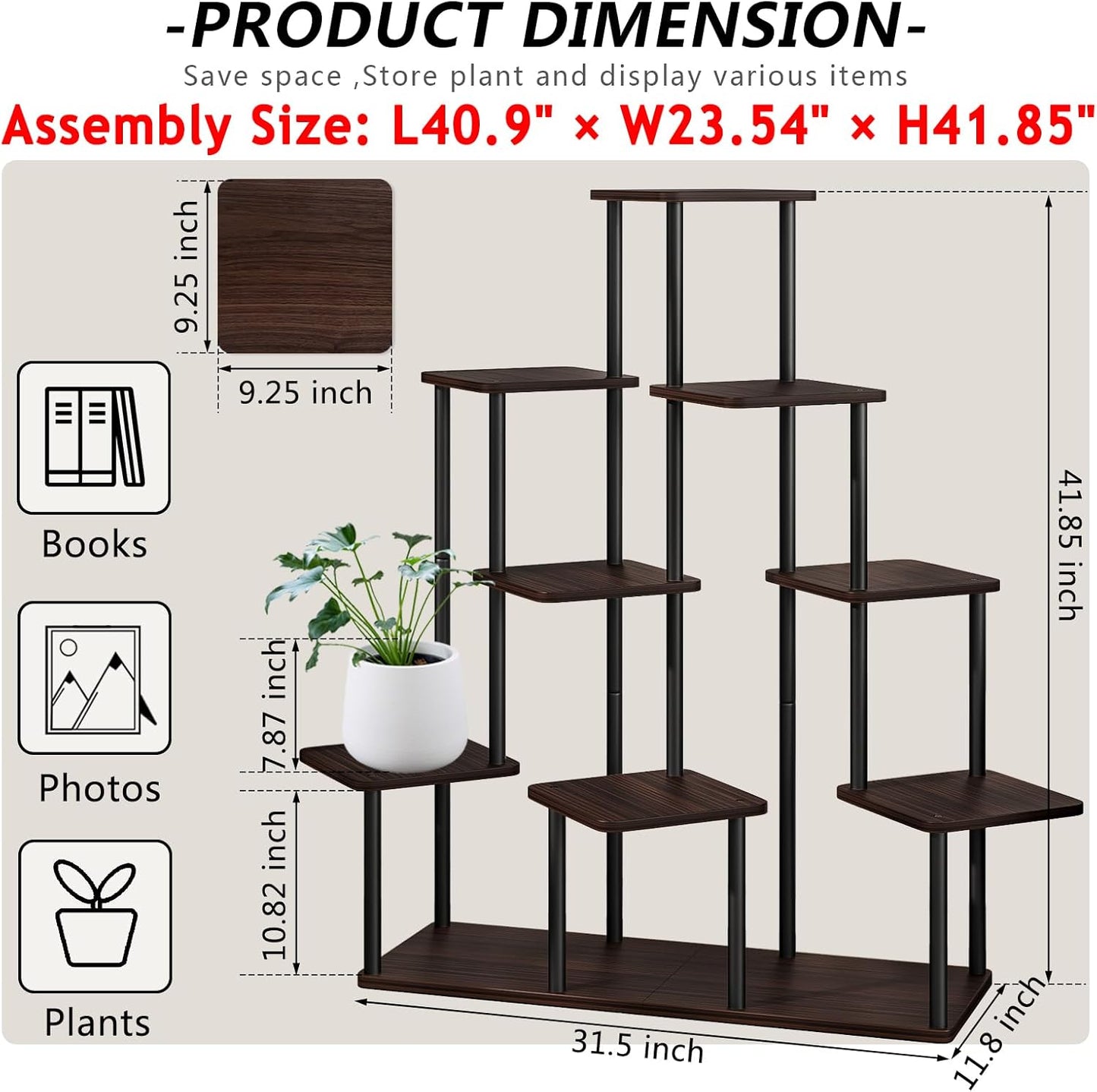 AZERPIAN Plant Stand 9 Tier Indoor Metal Flower Shelf for Multiple Plants Corner Tall Flower Holders for Patio Garden Living Room Balcony Bedroom, Black Oak