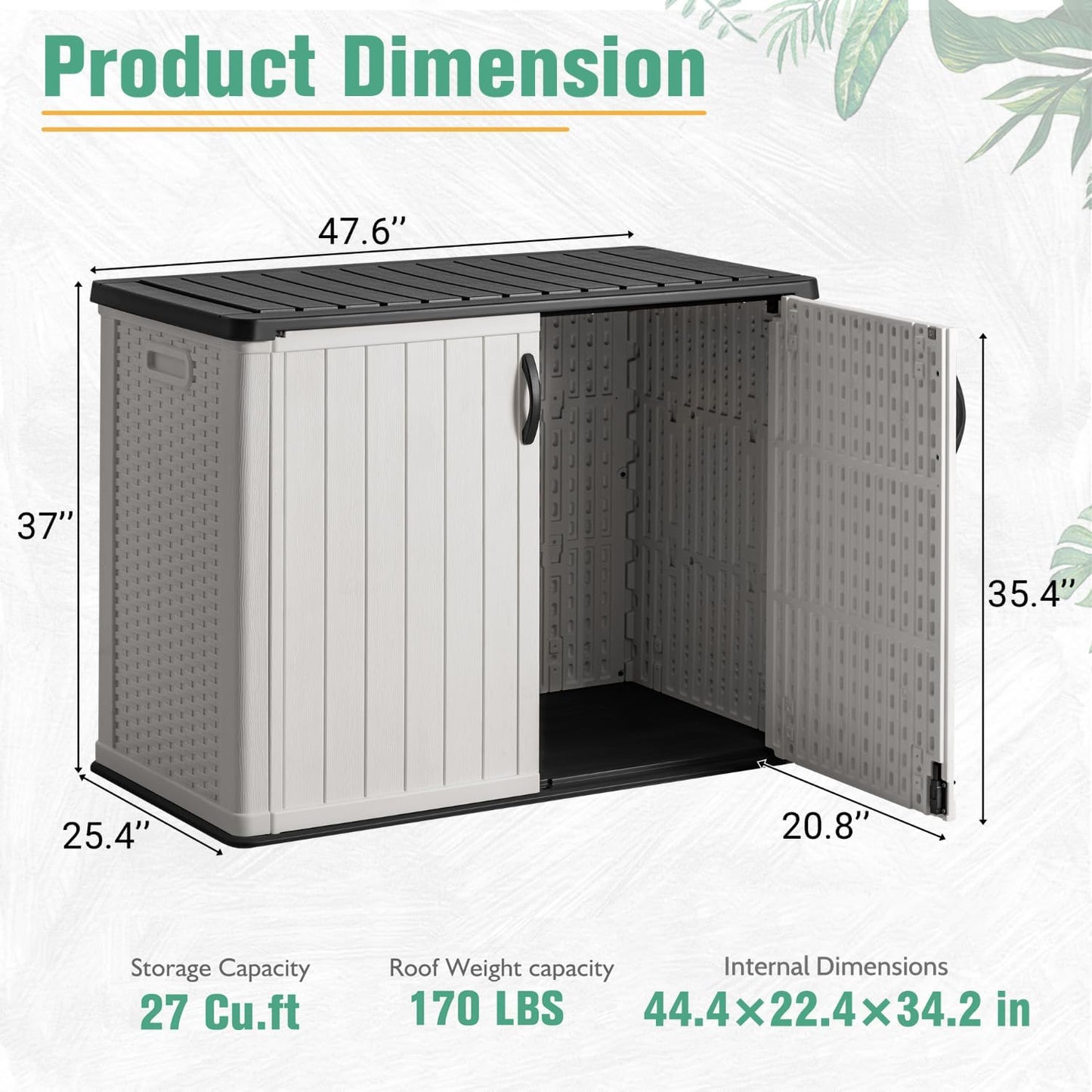 Greesum Outdoor Horizontal Storage Sheds 27 Cu.ft Resin Large Storaged Box Weather Resistance, Without Shelf, Easy to Assemble, Prefect for Garden, Patios, Backyards, White