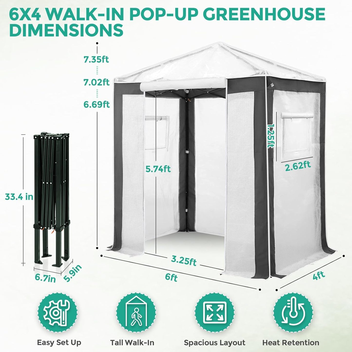 EAGLE PEAK 6x4 Portable Walk in Greenhouse with Polyester Reinforced Corners, Instant Pop up Indoor Outdoor Gardening Green House, Roll Up Zipper Entry Door and Mesh Windows, Gray/White
