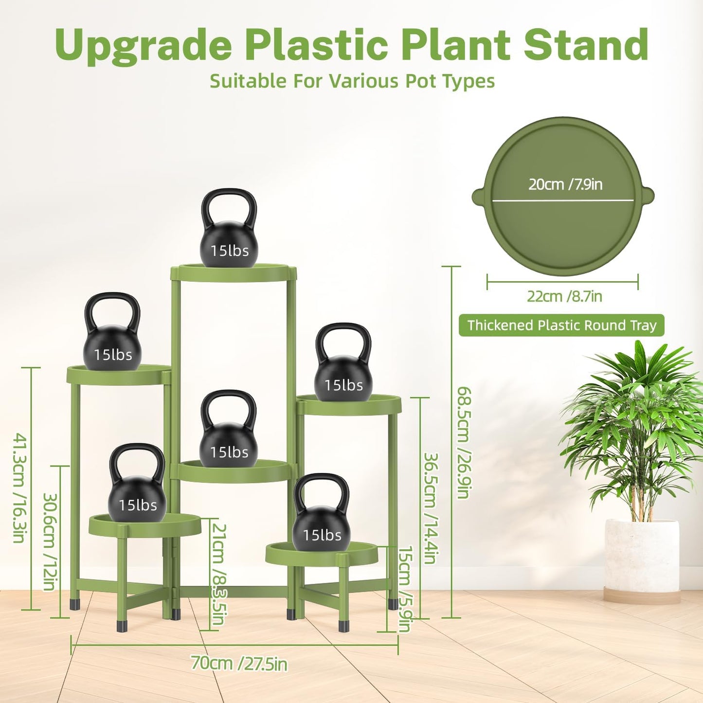 iDavosic.ly 6 Tier Folding Plant Stand Indoor Outdoor with Plastic Tray, Tiered Corner Flower Holder Shelf, Metal Orchid Display Rack for Patio Porch Living Room Garden Balcony, Green