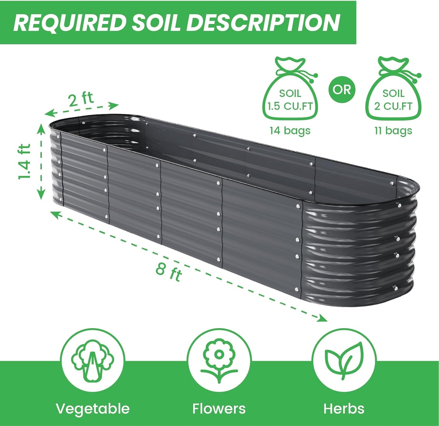 Raised Garden Bed Kit 8×2×1.4 FT Magnesium-Aluminum-Zinc Stainless Steel Metal Planter Box for Planting Outdoor Plants Vegetables（Gray）