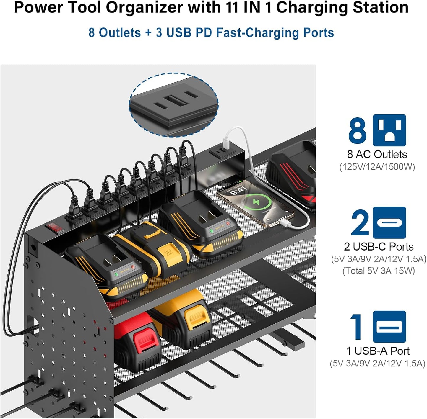 JUNNUJ Large Power Tool Organizer Wall Mount with Charging Station. Garage 8 Drill Holder Tools Battery Storage Shelf, Heavy Duty Utility Storage Rack Built in 8 Outlet 3 USB 10 FT Power Strip