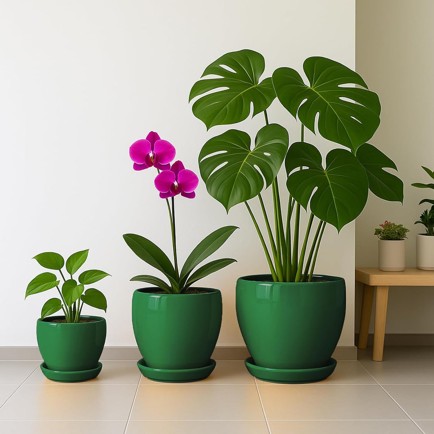 Deep Dream 8 Inch Plant Pots- Ceramic Pots for Plants with Drainage Hole and Saucer, Large Planter Pot for Indoor Plants Outdoor Decor, Green