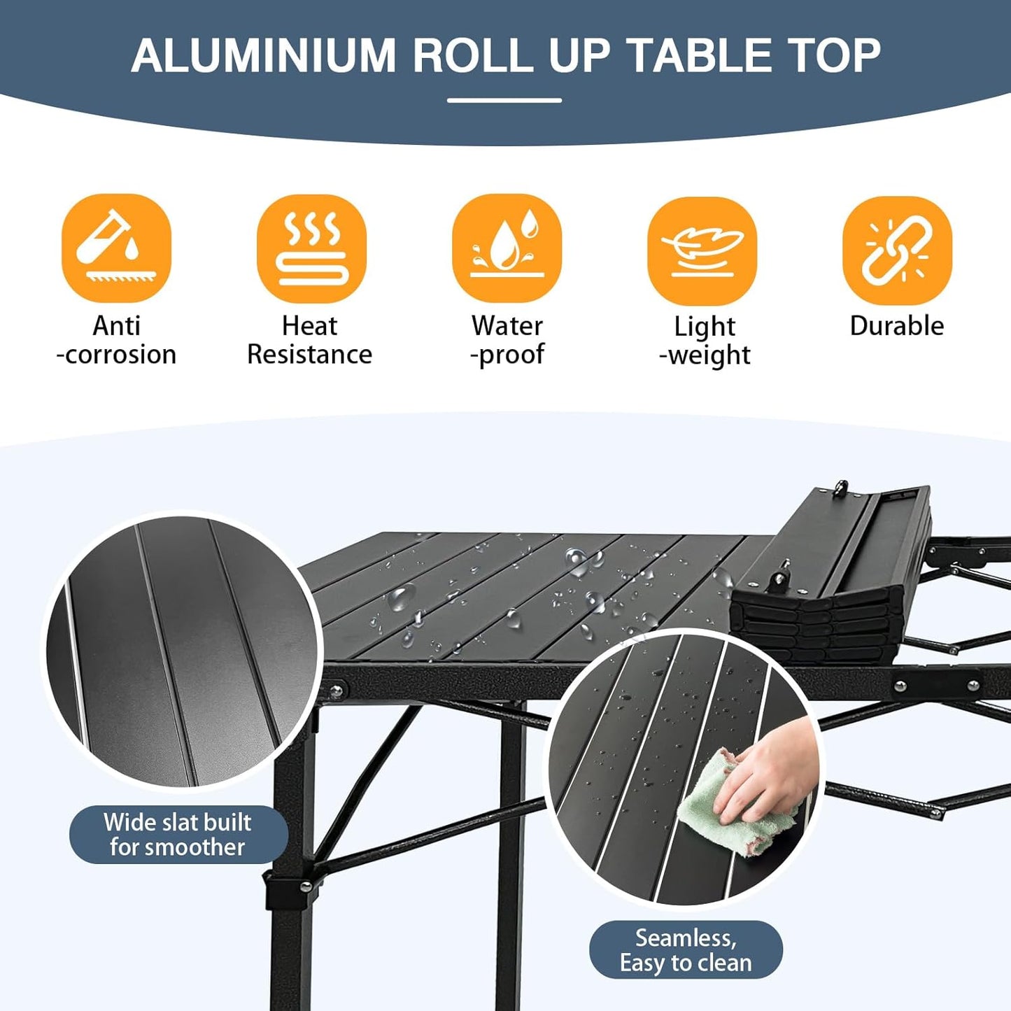 Large Folding Camping Table Aluminum for 5-7 People 55"X27.5" Roll Up Tall Outdoor Portable Table Lightweight with Carry Bag for Picnic BBQ Backyard Beach Black