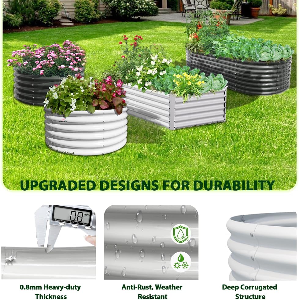 A ANLEOLIFE 6X3X2 ft Galvanized Raised Garden Beds Outdoor-6 Pack, Oval Large Metal Deep Root Planter Box for Planting Vegetables Flowers Herb, Anti-Rust & Easy-Setup, Antique White