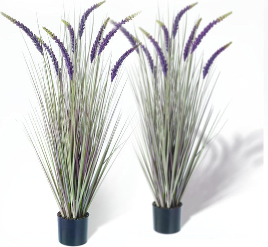KOL 4ft 2-Pack Faux Veronica Spiked Speedwell Grass, 47in Artificial Veronica Spicata Flower, Tall Reed Grass for Home Office Garden Wedding Décor, Indoor/Outdoor Fake Plant, UV-Resistant, Purple