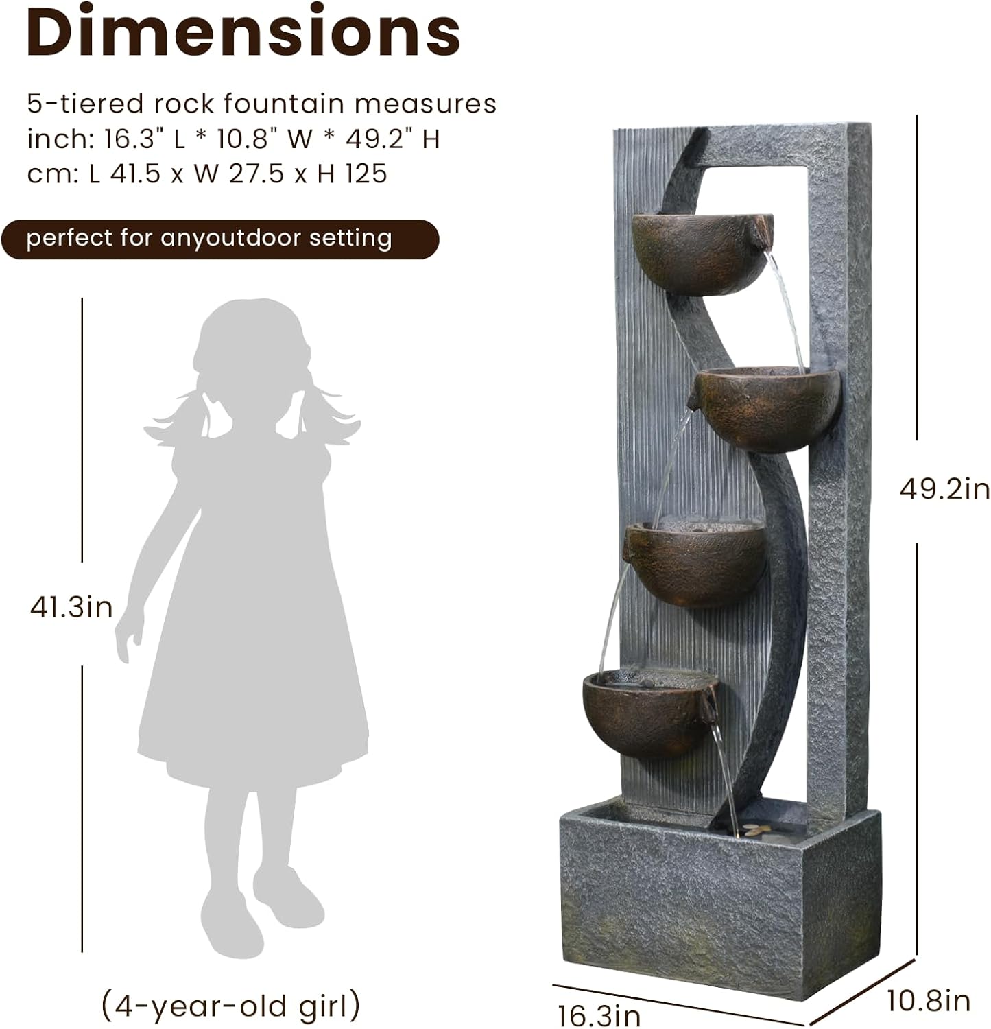 5-Tier Cascading Outdoor Fountain with LED Lights, 49.2" Tall Resin Waterfall Fountain for Garden, Patio, Backyard - Freestanding Water Feature