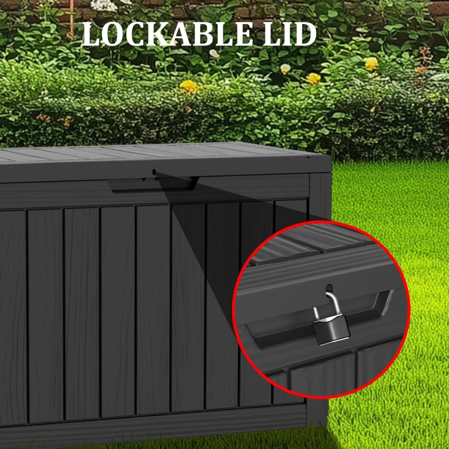 180 Gallon Waterproof Deck Box, Lockable Resin Storage Box for Patio Furniture Cushions Garden Tools and Outdoor Delivery Storage, Black