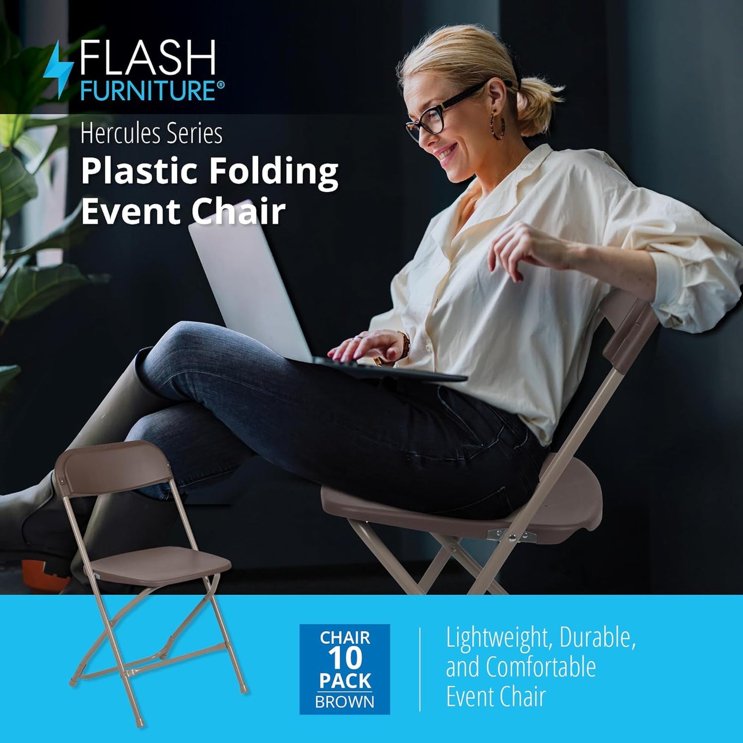 Flash Furniture Hercules Series Plastic Folding Chair Brown - 10 Pack 650LB Weight Capacity Comfortable Event Chair-Lightweight Folding Chair