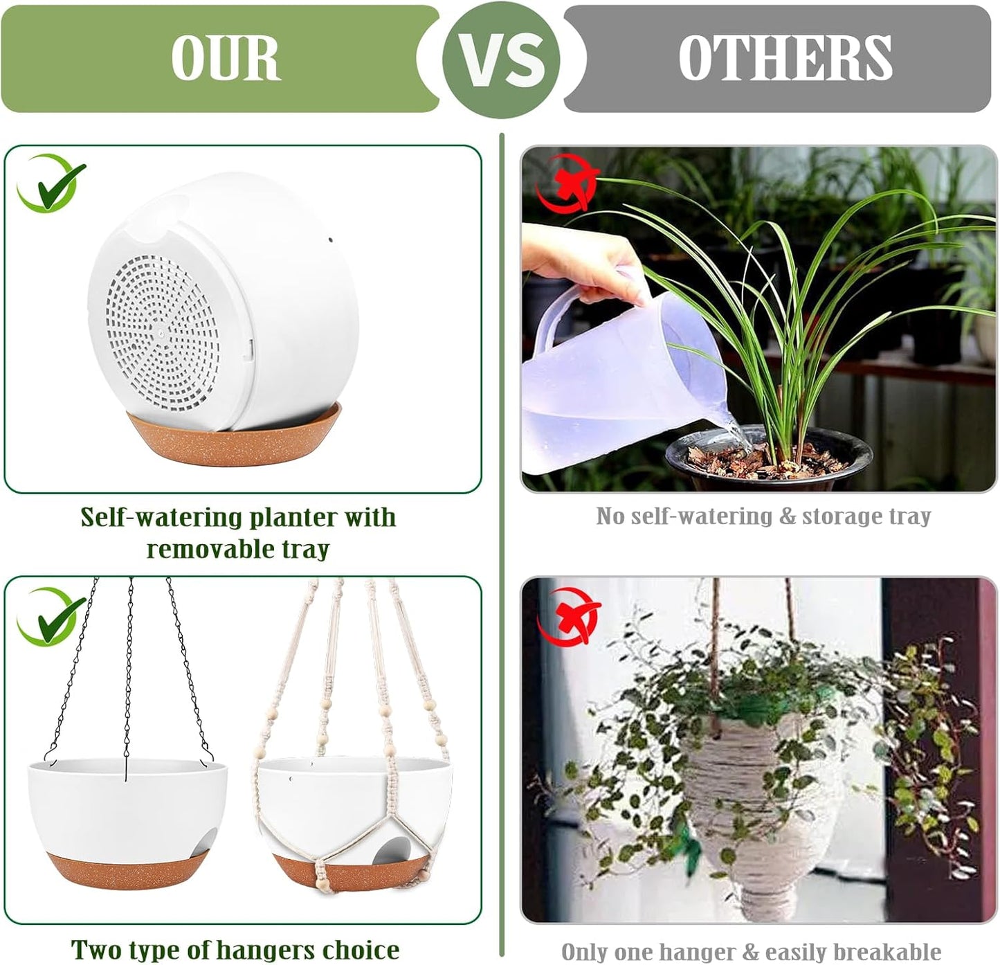 Hanging Planters for Outdoor Indoor Plants, 2 Pack 12 Inch Hanging Basket Plants Outdoor, Self Watering Hanging Planter with Plant Hanger for Garden Home Decoration (White)