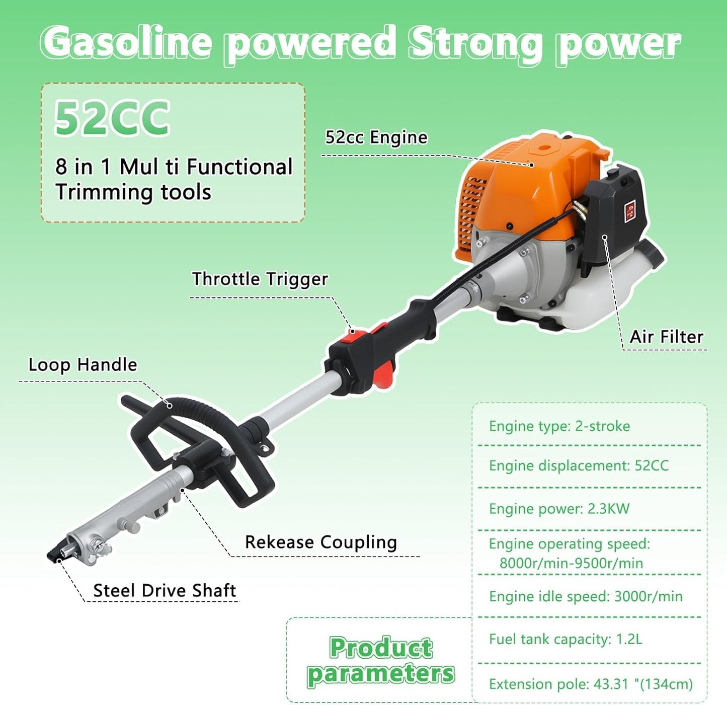 8 in 1Gas Weed Eater,52cc 2 Stroke Full-Functional Petrol Hedge Trimmer,Gas Weed Wacker,Grass Cutter Machine,Straight Shaft Grass Trimmer Cordless for Gardening (Orange)