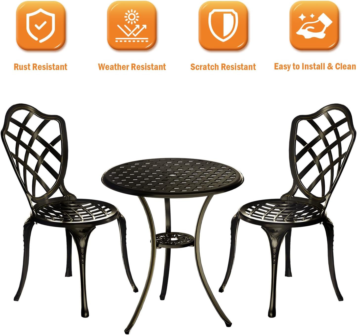 3 Piece Patio Bistro Set, Outdoor Bistro Table and Chairs Set of 2 w/Umbrella Hole, Rust-Resistant Cast Aluminum Bistro Set for Garden/Balcony/Backyard, Golden Bronze