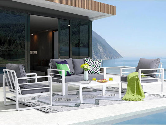 Patiorama Aluminum Patio Furniture Set, 4 PCS Modern Patio Conversation Set, All Weather White Outdoor Sectional Sofa Set w/Coffee Table, Loveseat, Superior Olefin Cushion, Garden-Grey Cushion
