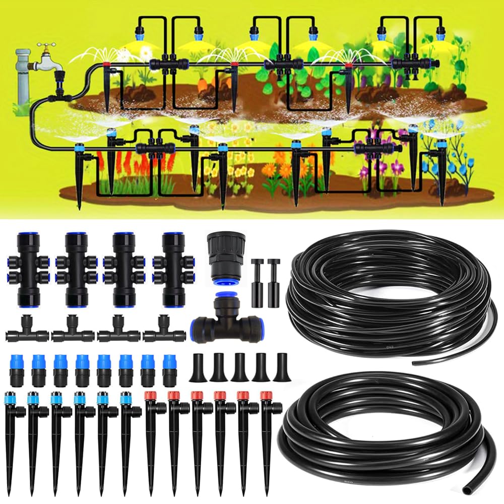124.6FT Drip Irrigation System Kits Automatic Garden Watering Sprinkler with 1/2 &1/4 inch Tubing Hose Patio Misting Plant Irrigation Water Equipment Quick Connector for Greenhouse Flower Beds Lawn