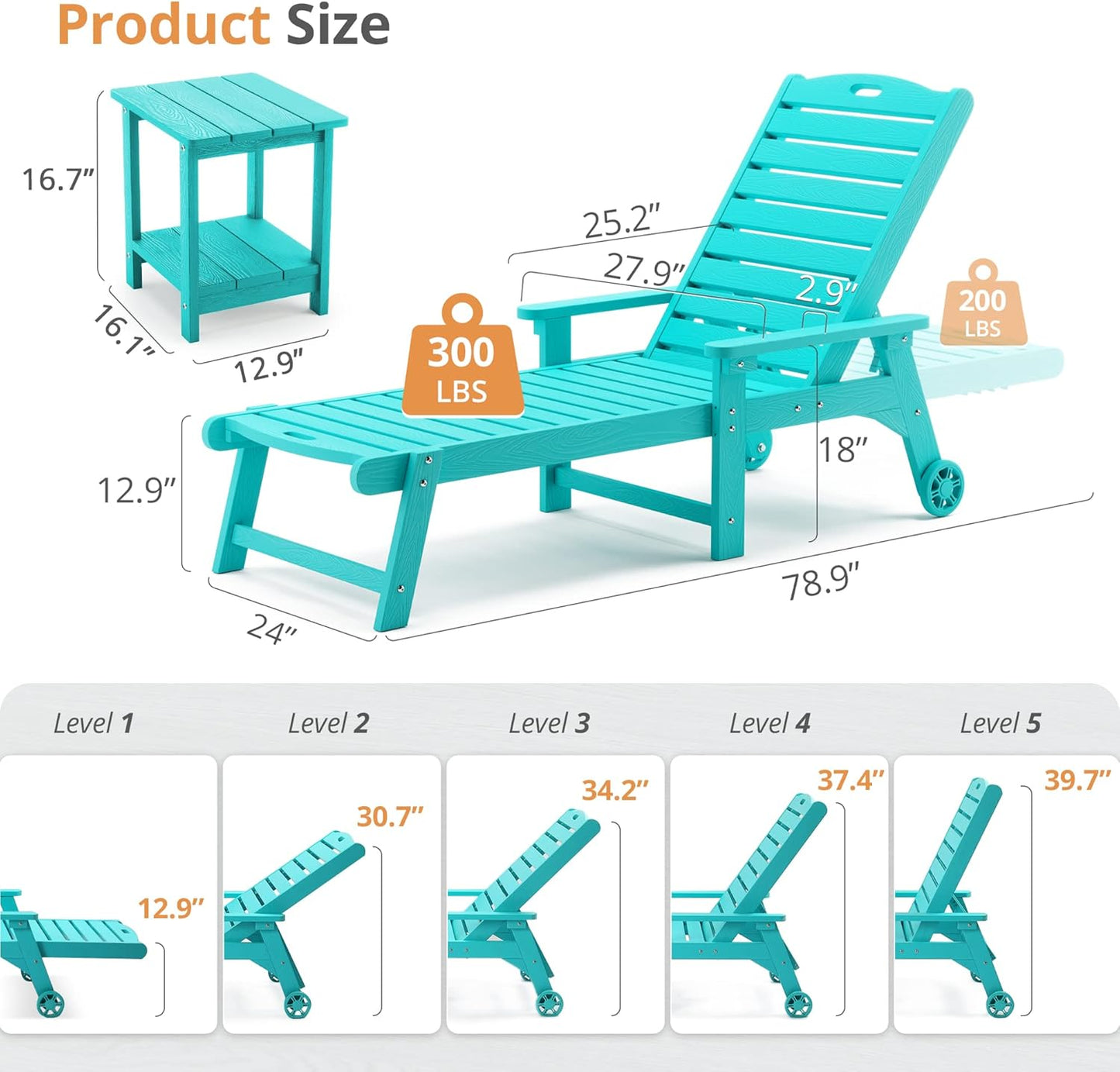 LUE BONA Chaise Lounge Chairs Set with Table, 6-Piece, 79'' Oversized HDPS Chaise Lounger, 5 Positions Adjustable Lounge Chairs, Pool Lounge Chair with Wheels for Poolside, 3 Year Warranty, Aruba Blue