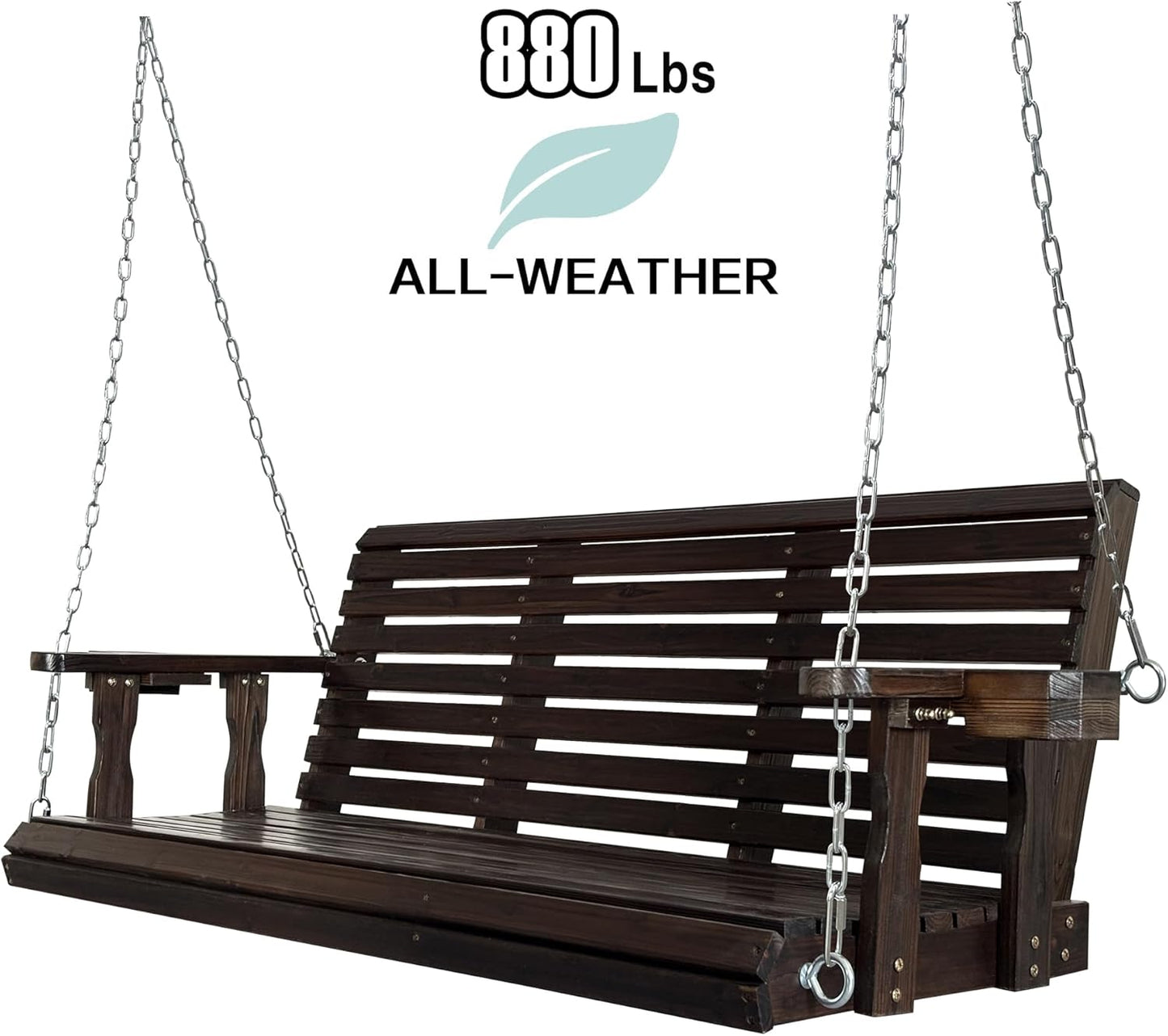 Fortune Candy Wooden Porch Swing 3-Seater, High Backrest and Deep Seat, Bench Swing with Cupholders, Hanging Chains and 7mm Springs, Heavy Duty 880 LBS (Deep Brown, 5 FT Extra Large)
