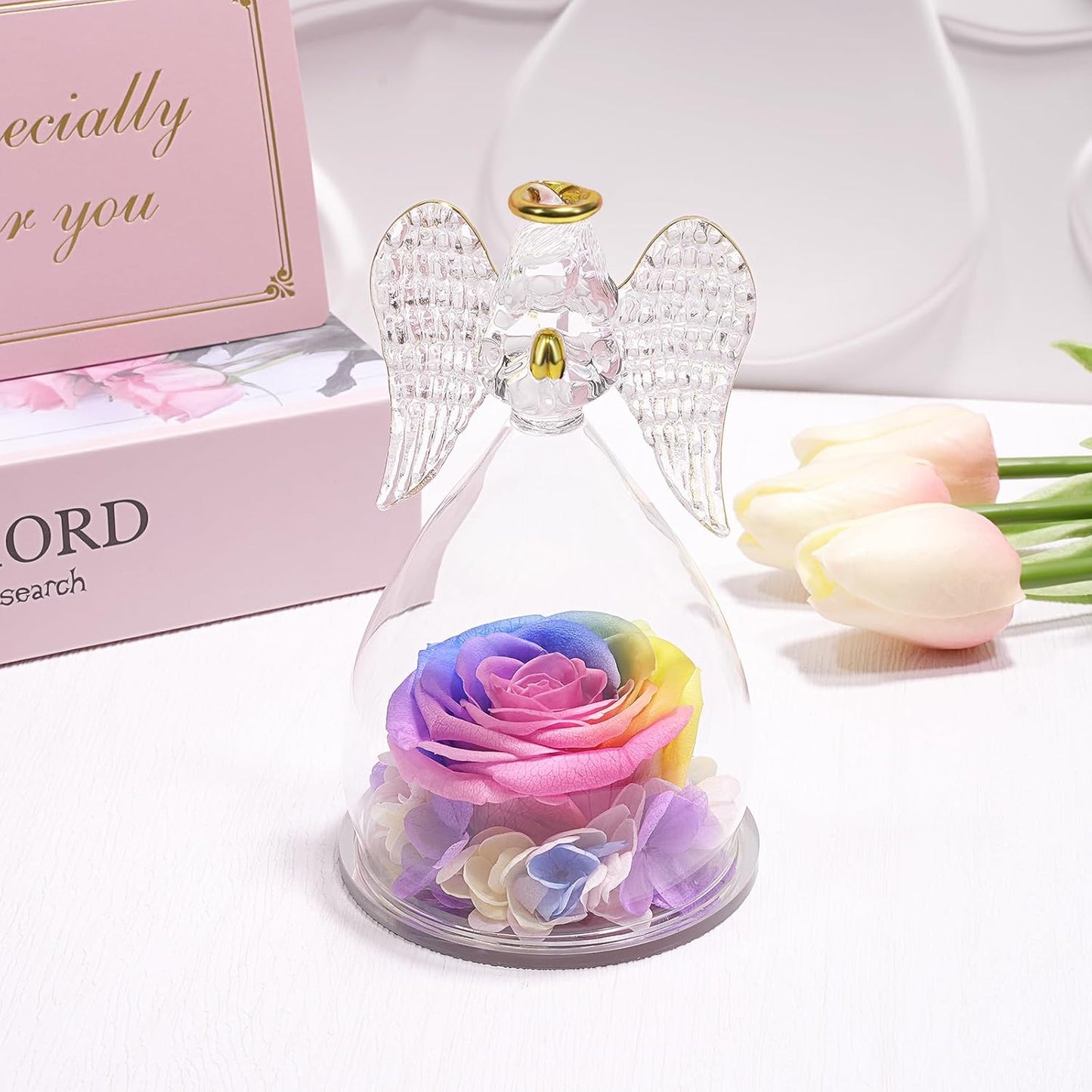 Yamonic Mom Birthday Gifts for Mom, Angel Figurines with Real Rose Gifts for Her Mom Grandma, Preserved Rose Angel Figurines for Mothers Day Birthday Gifts for Women Her (Rainbow)