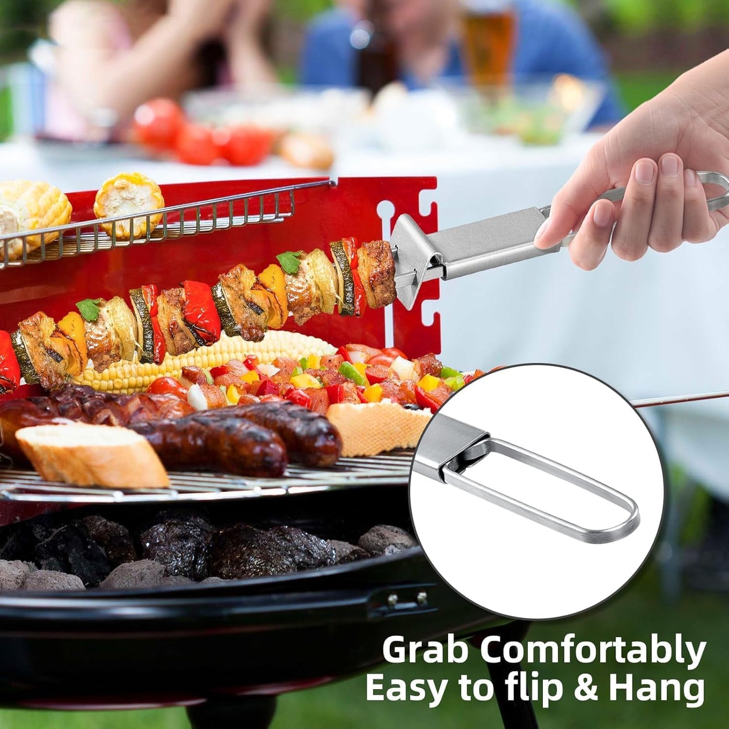 Skewers for Grilling- 17 inch (6 Pack) Double Pronged Flat Stainless Steel BBQ Skewer with Push Bar- Kabob Skewers Skewer Sticks for Camping or family - Reusable, BBQ Accessories