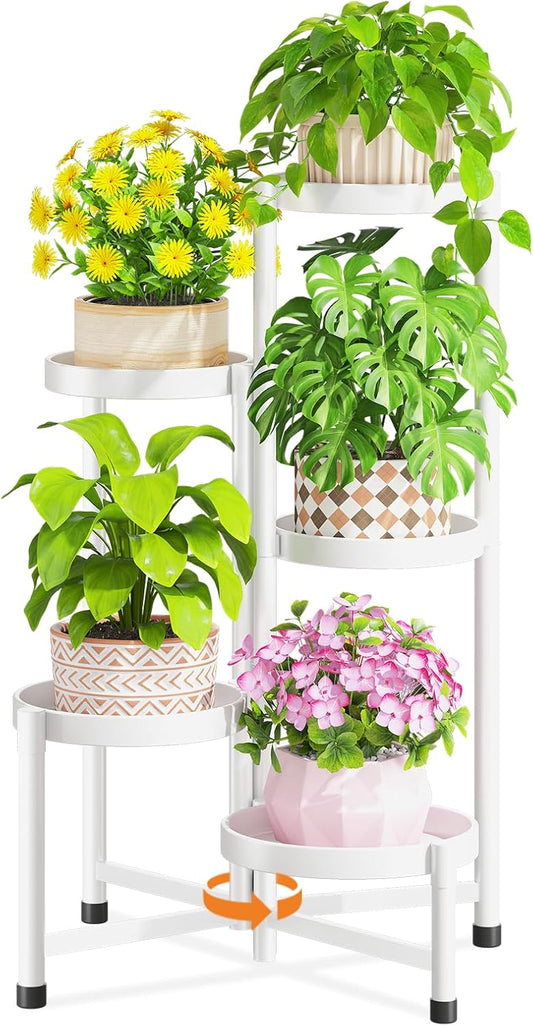 LASZOLA 5 Tiered Folding Plant Stand Indoor for Multiple Large Planter, Tall Heavy Duty Adjustable Rack with Rust Proof 10 Inch Wide Tray, Sturdy Vertical Tree Organizer for Narrow Inside Floor, White