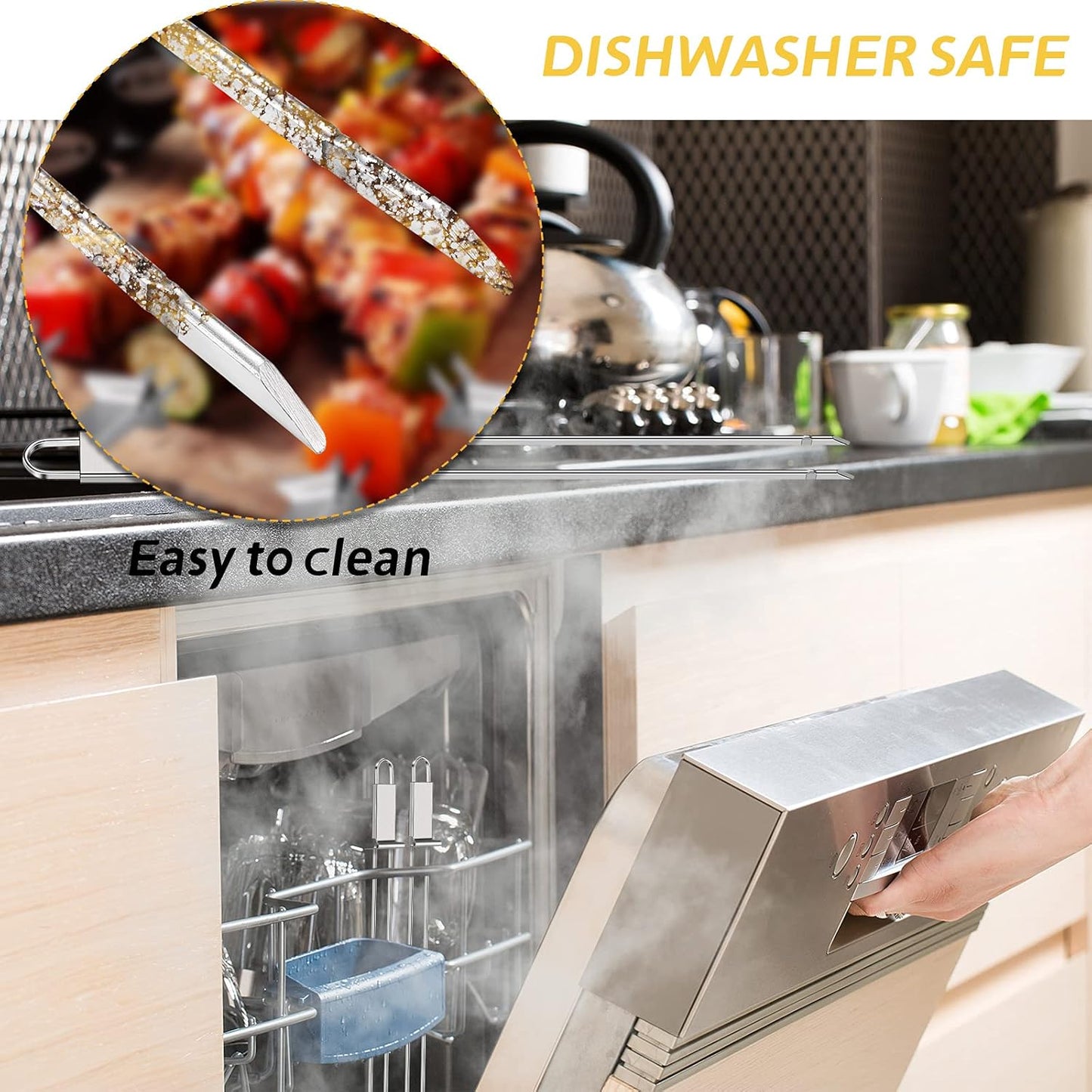 Lallisa Kabob Skewer for Grilling, Metal Stainless Steel BBQ Stick with Push Bar, Double Pronged Kebab Tool Quick Release Meat, Chicken, Vegetable and Fruit (6 Pieces), 2.8 x 32.5 cm/ 1.1 12.8 inch