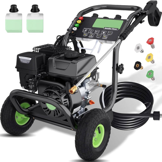 Professional 4200PSI 4GPM 196CC Gas Pressure Washer, Commercial Gas Power Washer with 5 Nozzles 25FT Hose Foam Bottle for Car Fence Driveway Yard (EPA/CARB/ETL Compliant), 2 Green Wheels