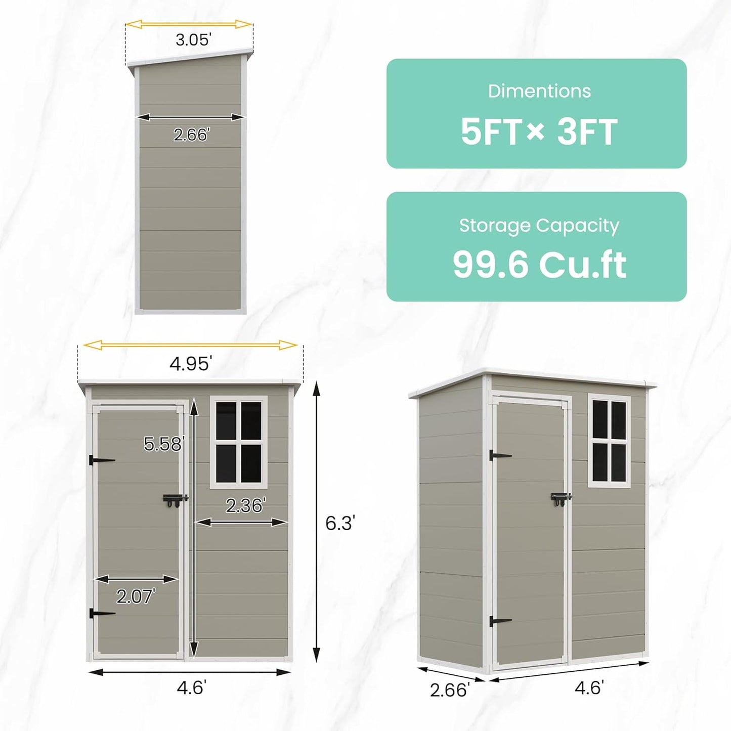 UDPATIO Outdoor Storage Shed 5x3 FT, Garden Plastic Sheds & Outdoor Resin Shed with Lockable Door for Backyard, Patio, Lawn, Light Grey