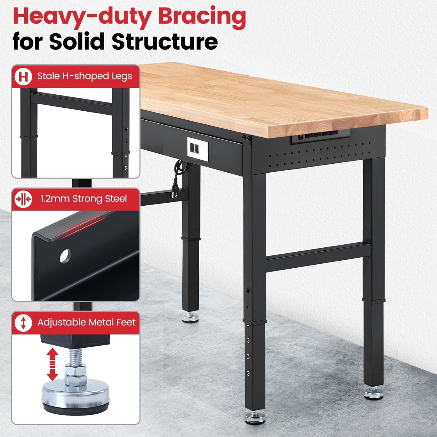 Work Bench for Garage with Shelf Bracket 60 x 22 Inch Heavy Duty Rubberwood Tabletop Work Table Adjustable Height Workbench with Drawer, Power Outlets for Woodworking Shop, Home, Office