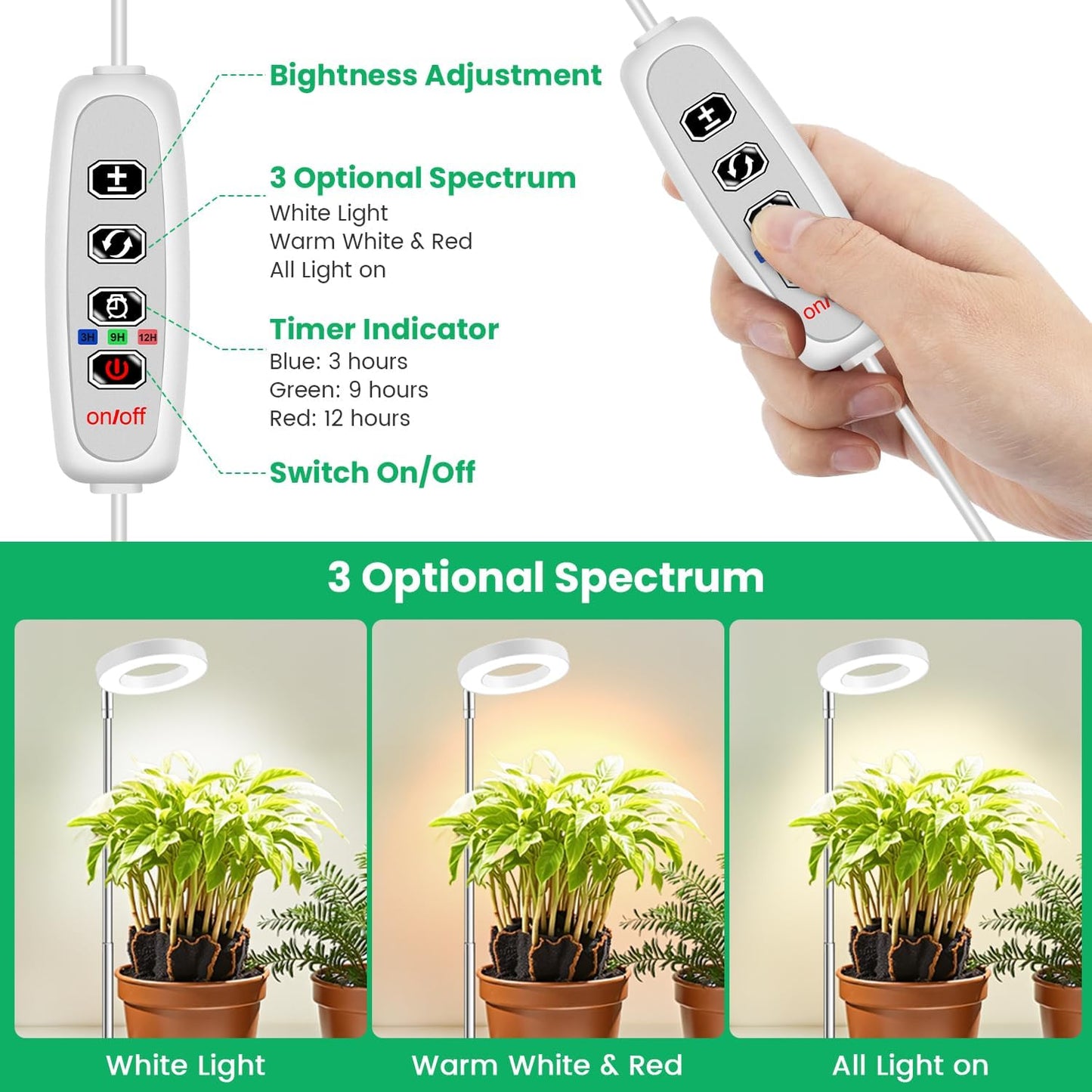 Grow Lights for Indoor Plants,Full Spectrum Plant Lights for Indoor Growing with with 3/9/12H Timer, 3 Color Modes, 10 Brightness, 6.5"-26" Height Adjustable Small Grow Light, 2 Pack(3.4in)